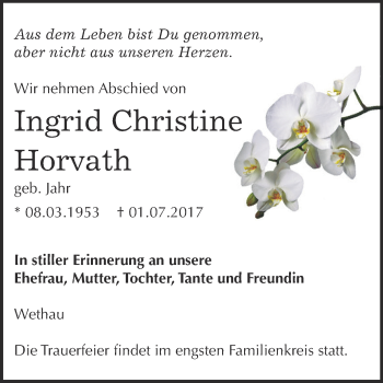 Traueranzeige von Ingrid Christine Horvath von WVG - Wochenspiegel NMB / WSF / ZTZ