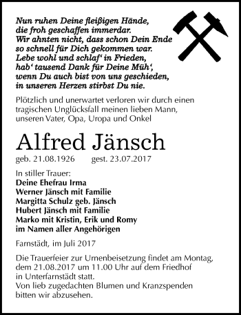 Traueranzeige von Alfred Jänsch von Mitteldeutsche Zeitung Merseburg/Querfurt