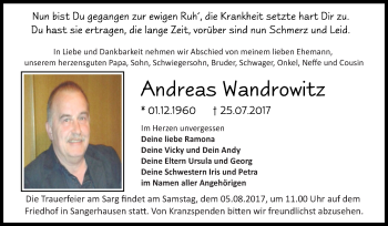 Traueranzeige von Andreas Wandrowitz von Super Sonntag SGH Mansf. Land