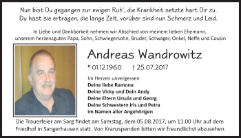 Traueranzeige von Andreas Wandrowitz von Mitteldeutsche Zeitung Sangerhausen