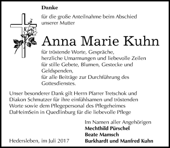 Traueranzeige von Anna Marie Kuhn von Mitteldeutsche Zeitung Quedlinburg