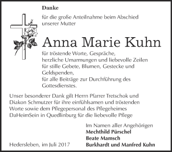 Traueranzeige von Anna Marie Kuhn von WVG - Wochenspiegel Quedlinburg