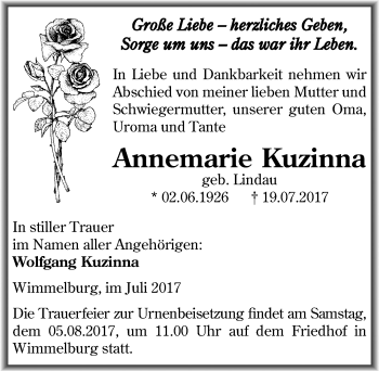 Traueranzeige von Annemarie Kuzinna von Mitteldeutsche Zeitung Mansfelder Land