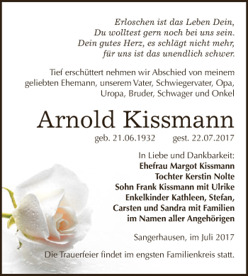 Traueranzeige von Arnold Kissmann von Super Sonntag SGH Mansf. Land