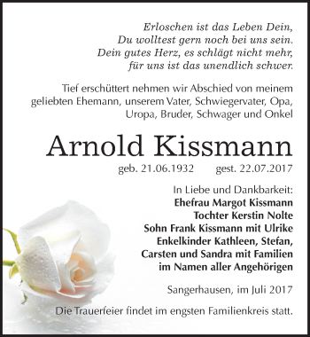 Traueranzeige von Arnold Kissmann von Mitteldeutsche Zeitung Sangerhausen