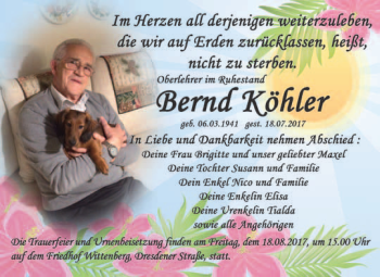 Traueranzeige von Bernd Köhler von WVG - Wochenspiegel Wittenberg