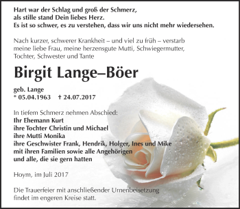 Traueranzeige von Birgit Lange-Böer von Super Sonntag Aschersleben