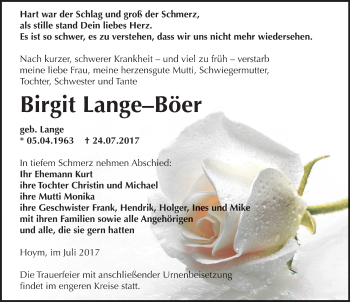 Traueranzeige von Birgit Lange-Böer von Mitteldeutsche Zeitung Aschersleben