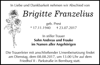 Traueranzeige von Brigitte Franzelius von Mitteldeutsche Zeitung Bernburg