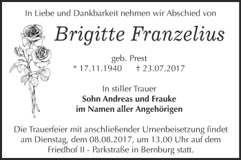 Traueranzeige von Brigitte Franzelius von Super Sonntag Bernburg