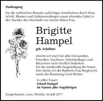 Traueranzeige von Brigitte Hampel von Mitteldeutsche Zeitung Sangerhausen