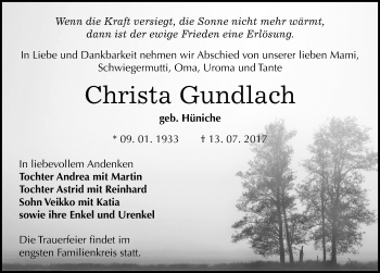 Traueranzeige von Christa Gundlach von Mitteldeutsche Zeitung Dessau-Roßlau