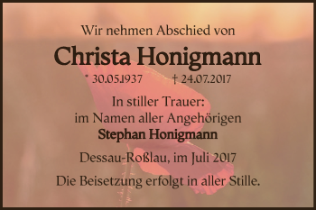 Traueranzeige von Christa Honigmann von WVG - Wochenspiegel Dessau / Köthen