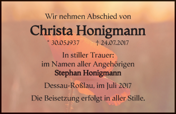 Traueranzeige von Christa Honigmann von Mitteldeutsche Zeitung Dessau-Roßlau