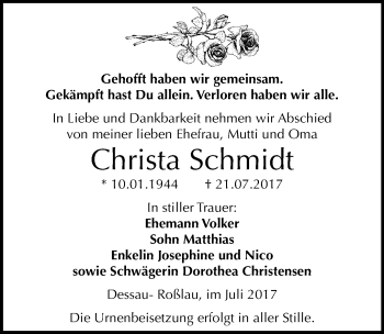Traueranzeige von Christa Schmidt von Mitteldeutsche Zeitung Dessau-Roßlau