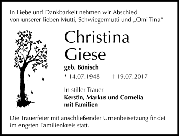 Traueranzeige von Christina Giese von Mitteldeutsche Zeitung Halle/Saalkreis