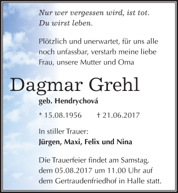 Traueranzeige von Dagmar Grehl von Mitteldeutsche Zeitung Halle/Saalkreis
