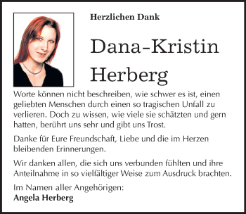 Traueranzeige von Dana-Kristin Herberg von Mitteldeutsche Zeitung Bitterfeld