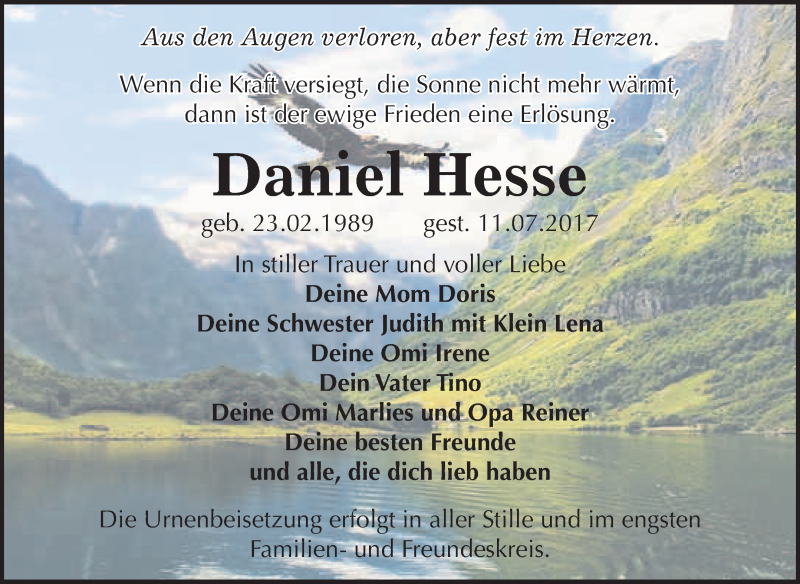  Traueranzeige für Daniel Hesse vom 29.07.2017 aus WVG - Wochenspiegel Quedlinburg