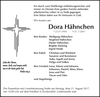 Traueranzeige von Dora Hähnchen von Mitteldeutsche Zeitung Bitterfeld