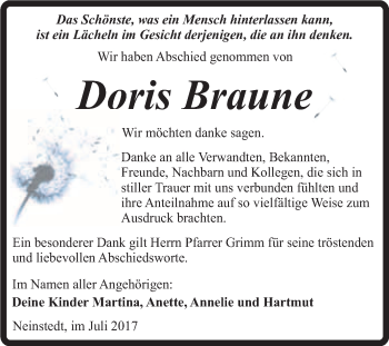 Traueranzeige von Doris Braune von Super Sonntag Quedlinburg