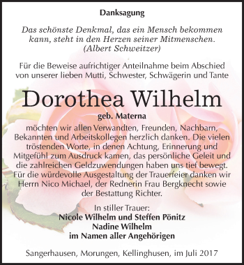 Traueranzeige von Dorothea Wilhelm von Mitteldeutsche Zeitung Sangerhausen