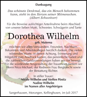 Traueranzeige von Dorothea Wilhelm von Super Sonntag SGH Mansf. Land