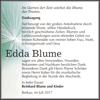 Traueranzeige von Edda Blume von WVG - Wochenspiegel Wittenberg
