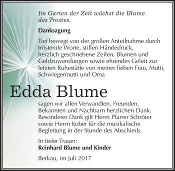 Traueranzeige von Edda Blume von Mitteldeutsche Zeitung Wittenberg