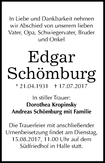 Traueranzeige von Edgar Schömburg von Mitteldeutsche Zeitung Halle/Saalkreis