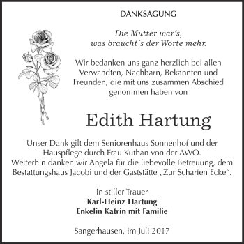 Traueranzeige von Edith Hartung von Super Sonntag SGH Mansf. Land