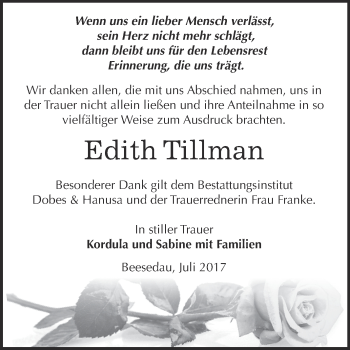 Traueranzeige von Edith Tillman von Super Sonntag Bernburg