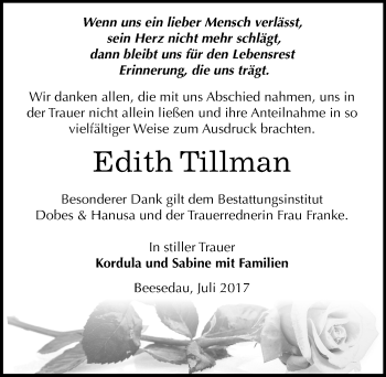 Traueranzeige von Edith Tillman von Mitteldeutsche Zeitung Bernburg