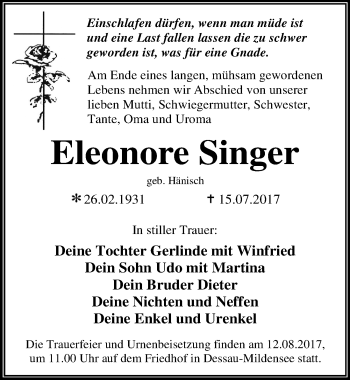 Traueranzeige von Eleonore Singer von Mitteldeutsche Zeitung Dessau-Roßlau