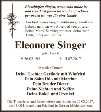 Traueranzeige von Eleonore Singer von WVG - Wochenspiegel Dessau / Köthen