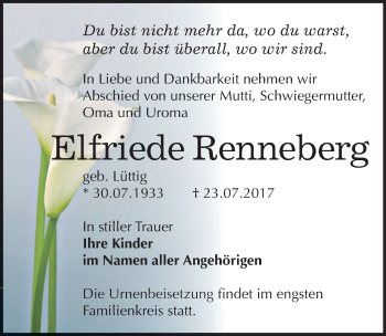 Traueranzeige von Elfriede Renneberg von Mitteldeutsche Zeitung Bernburg