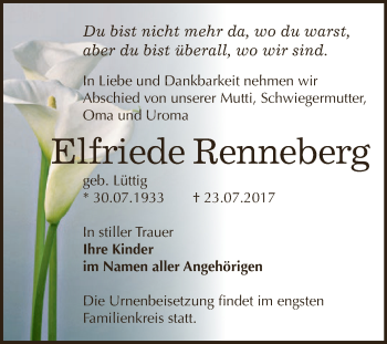 Traueranzeige von Elfriede Renneberg von Super Sonntag Bernburg