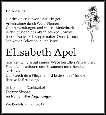 Traueranzeige von Elisabeth Apel von Mitteldeutsche Zeitung Weißenfels