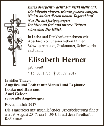 Traueranzeige von Elisabeth Herner von Super Sonntag SGH Mansf. Land