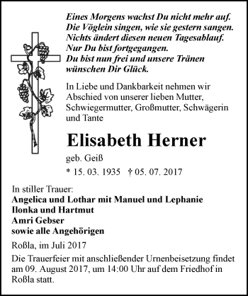 Traueranzeige von Elisabeth Herner von Mitteldeutsche Zeitung Sangerhausen