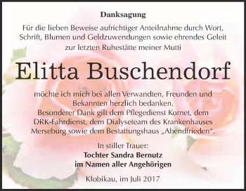 Traueranzeige von Elitta Buschendorf von WVG - Wochenspiegel Merseburg
