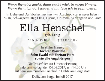 Traueranzeige von Ella Henschel von WVG - Wochenspiegel Merseburg