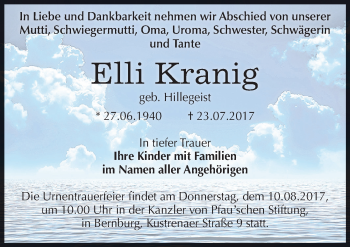 Traueranzeige von Elli Kranig von Mitteldeutsche Zeitung Bernburg