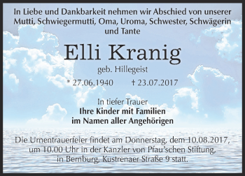 Traueranzeige von Elli Kranig von Super Sonntag Bernburg
