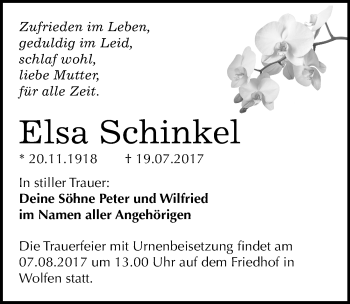 Traueranzeige von Elsa Schinkel von Mitteldeutsche Zeitung Bitterfeld