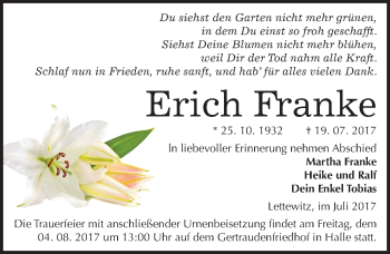 Traueranzeige von Erich Franke von Mitteldeutsche Zeitung Halle/Saalkreis
