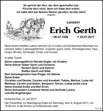 Traueranzeige von Erich Gerth von Mitteldeutsche Zeitung Zeitz