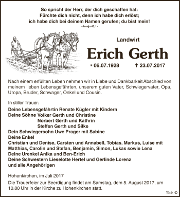 Traueranzeige von Erich Gerth von Super Sonntag Zeitz