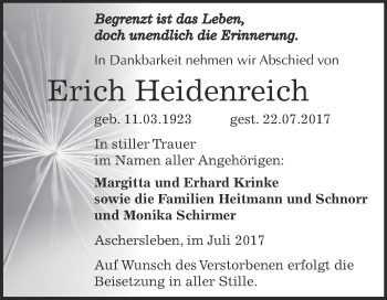 Traueranzeige von Erich Heidenreich von Super Sonntag Aschersleben