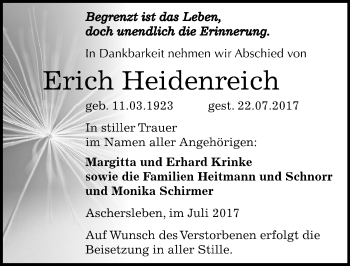 Traueranzeige von Erich Heidenreich von Mitteldeutsche Zeitung Aschersleben